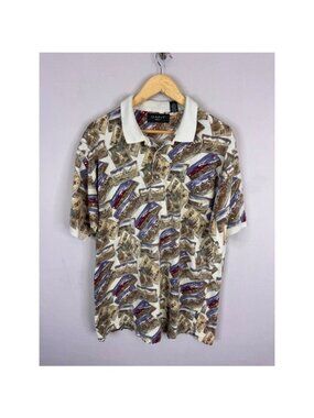 Gant Golf Vintage Postcard Print Polo Shirt Mens XL White Cotton Short Sleeve